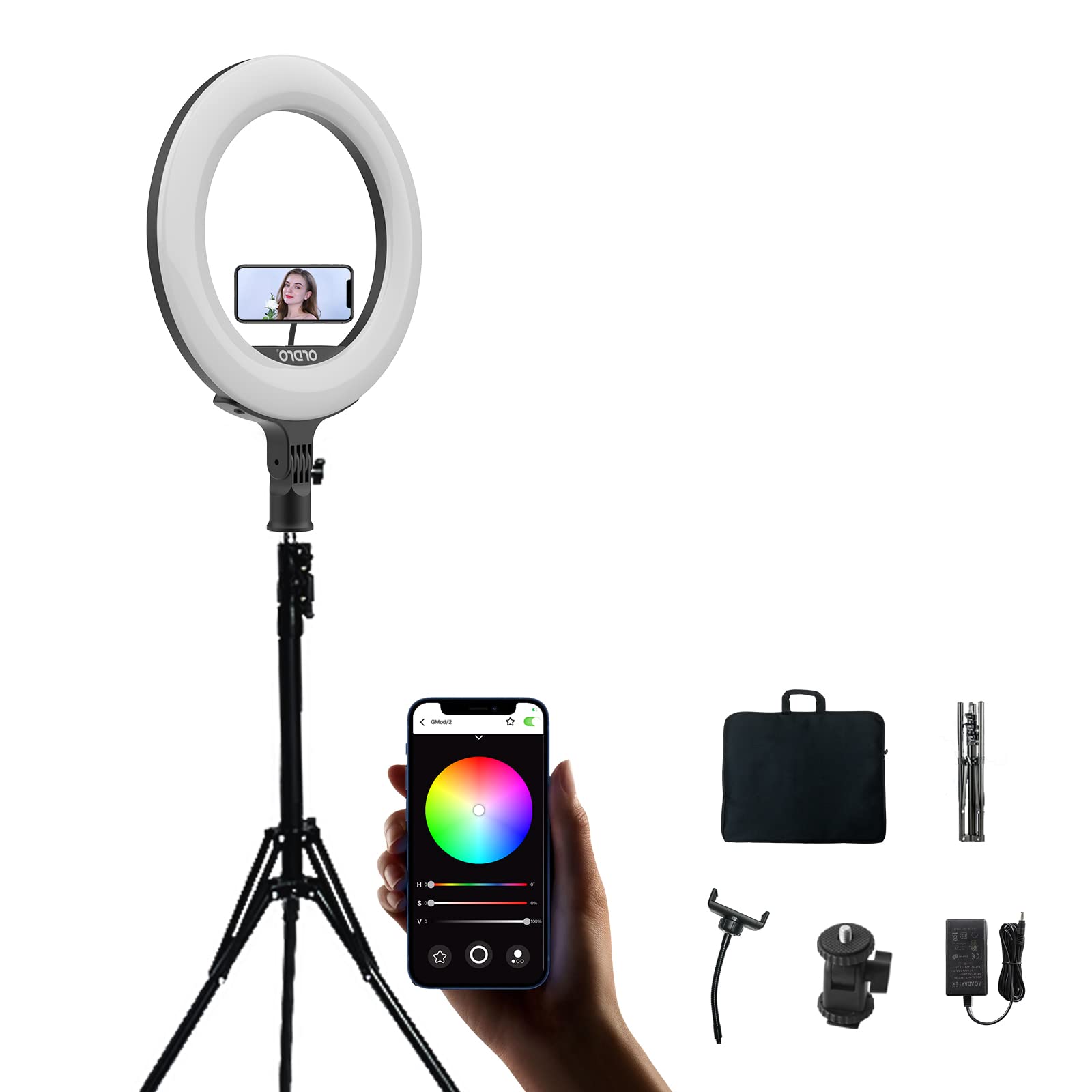 ORDRO Ringlicht mit Stativ, 16 Zoll Selfie Ringlicht mit 74 Zoll Stativ Ständer Bluetooth-App zur Unterstützung mehrerer RGB-Lichtmodi, 2600 K ~ 10000 K einstellbare Farbtemperatur