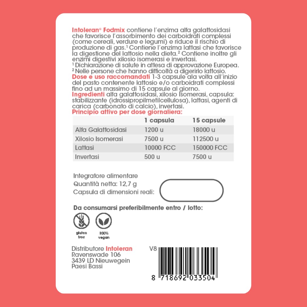 Intoleran Fodmix (Quatrase 10.000) Enzimi Digestivi - 36 capsule | Miscela di enzimi ad alta dose per i FODMAP, Vegano, Low FODMAP