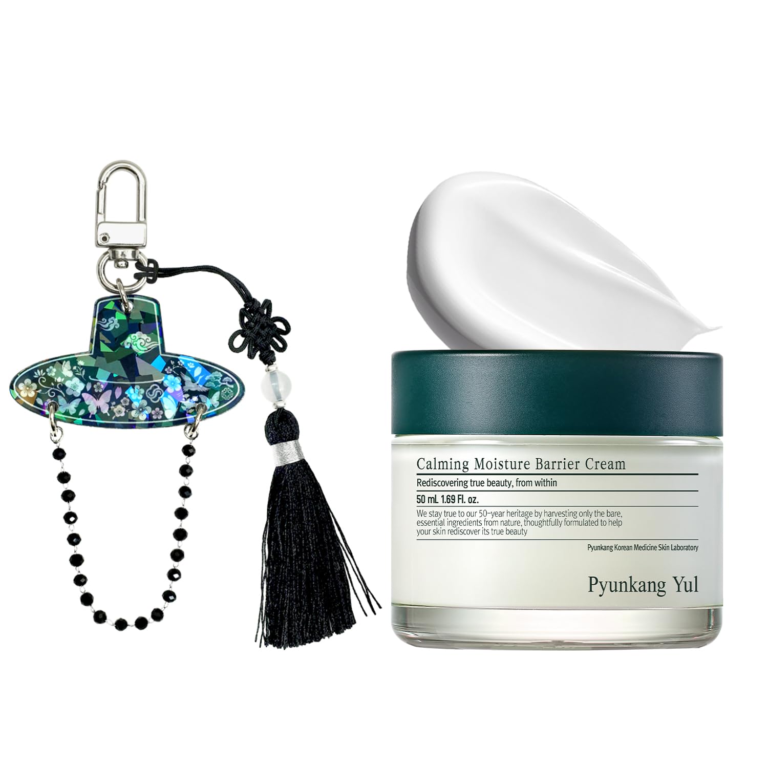 Pyunkang Yul Calming Moisture Barrier Cream(1.69 Fl.Oz, 50ml) & Mother-of-Pearl Gat Object Keyring, Holographic Acrylic/Korean Skincare