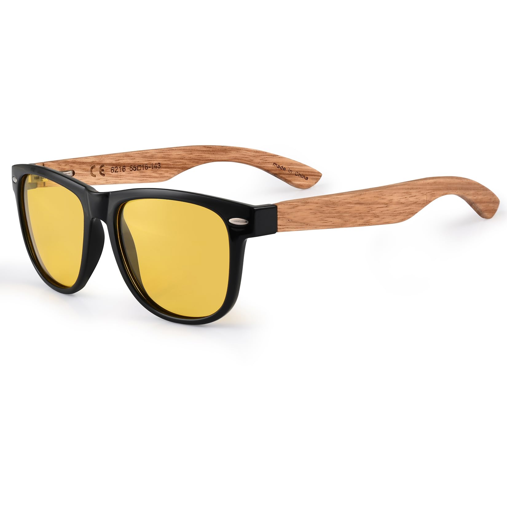 Lunettes en Bois Homme Femmes: Protection UV400, Conduite | Réduit l'Éblouissement des Phares pour Pluie Brouillard - Verres Jaunes - Non Polarisées