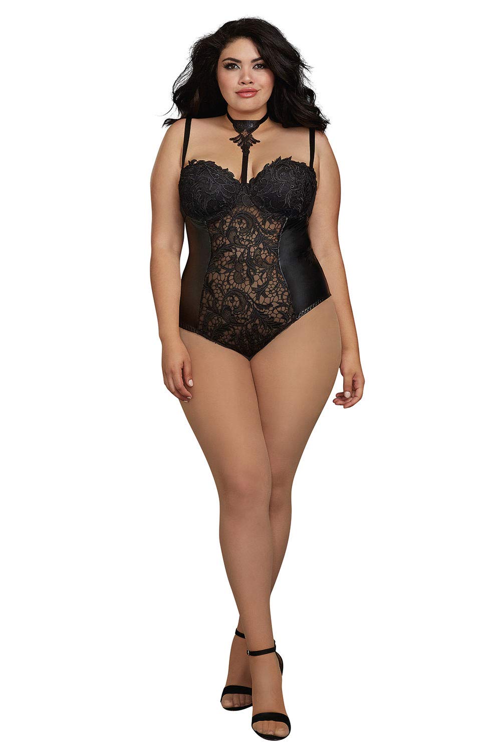 Wetlook-Damenbody aus Spitze und Kunstleder Stringbody Gothic Body in schwarz S-5XL von Dreamgirl Dessous (L)