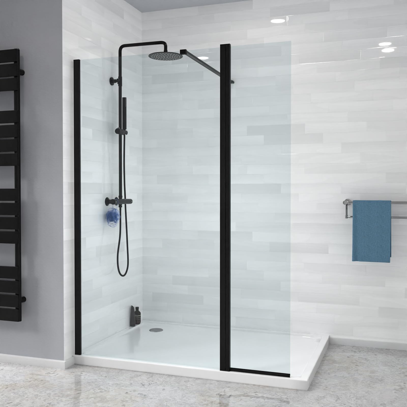 Nes Home Black 1000mm Shower 8mm Tempered Glass Screen with 30omm Flipper Panel
