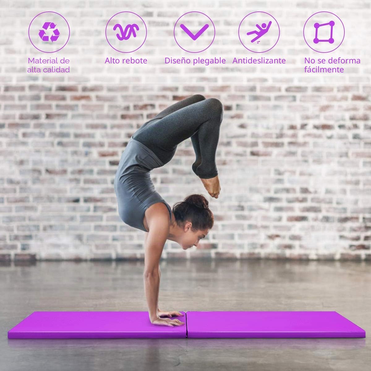 GYMAX Esterilla de Entrenamiento Plegable, 180 x 60 x 4 cm, con Asa, Esterilla de Fitness, Alfombrilla de Suelo Blando con Superficie de Poliuretano y Espuma, para Gimnasia, Yoga y Pilates (Púrpura)