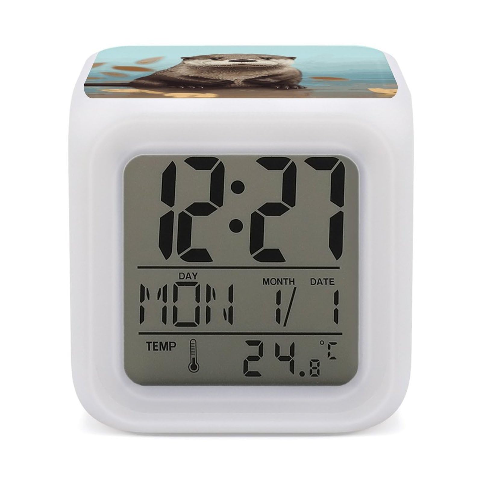 DWVTSLH Cute Otter Alarm Clock with 7 Color Changing Night Light, Wake Up Digital Clock for Bedroom, Bedside Cube Clock with Date, Temperature, Battery Operated Desk Clock Gift