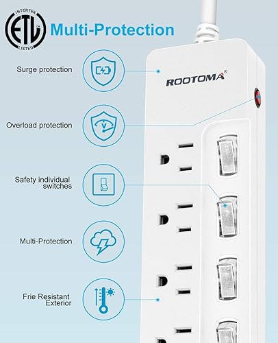 Miniatura 3 de ROOTOMA Regleta protectora de sobretensiones con interruptores individuales, certificado ETL, cable de extensión largo de 6 pies 14 AWG 1875 W15 A