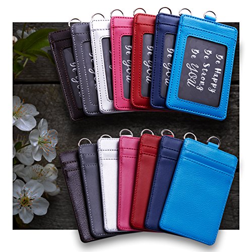 Genuine Leather ID Badge Holder Wallet with Heavy Duty Carabiner Retractable Reel, Key Ring and Metal Clip, 3 Card Pockets. Holds Multiple Cards & Keys. Bonus Key Chain Flashlight. Vertical. Black