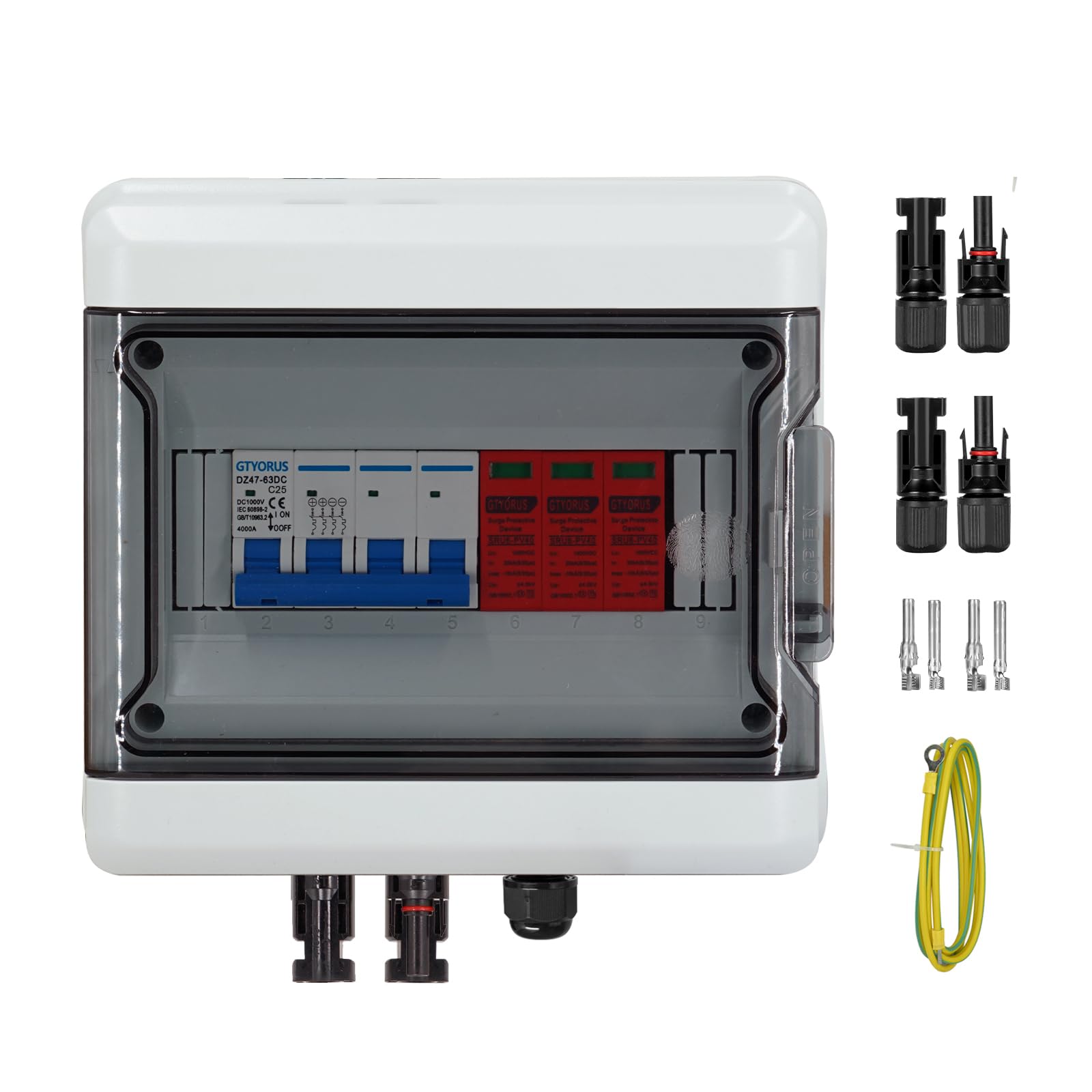 Boitier de Jonction Photovoltaïque Solaire, IP65 Protection Contre Les Surtensions DC Photovoltaïques, 1 String 1000V PV DC Disjoncteur avec Fiche Solaire(1 in 1 out, 25A)