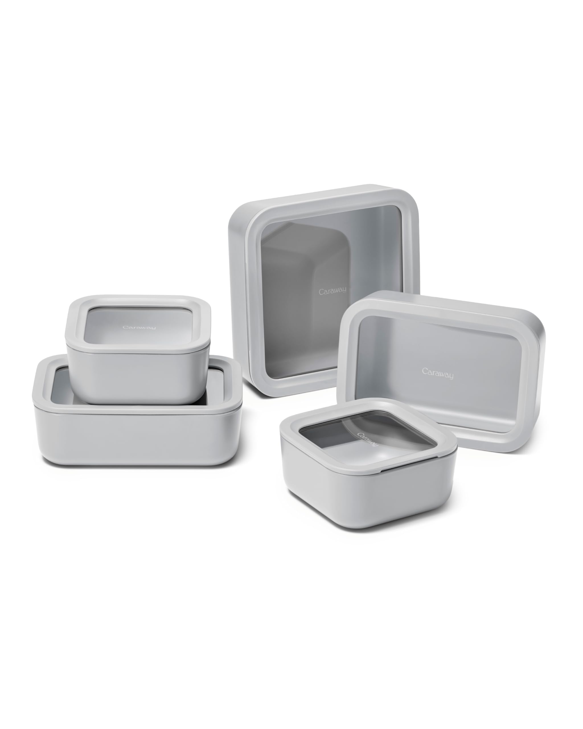 Caraway Glass Food Storage Set, 14 Pieces - Ceramic Coated Food Containers - Easy to Store, Non Toxic Lunch Box Containers with Glass Lids - Includes Storage Organizer & Dot & Dash Inserts - Gray Gray Food Storage Full Set