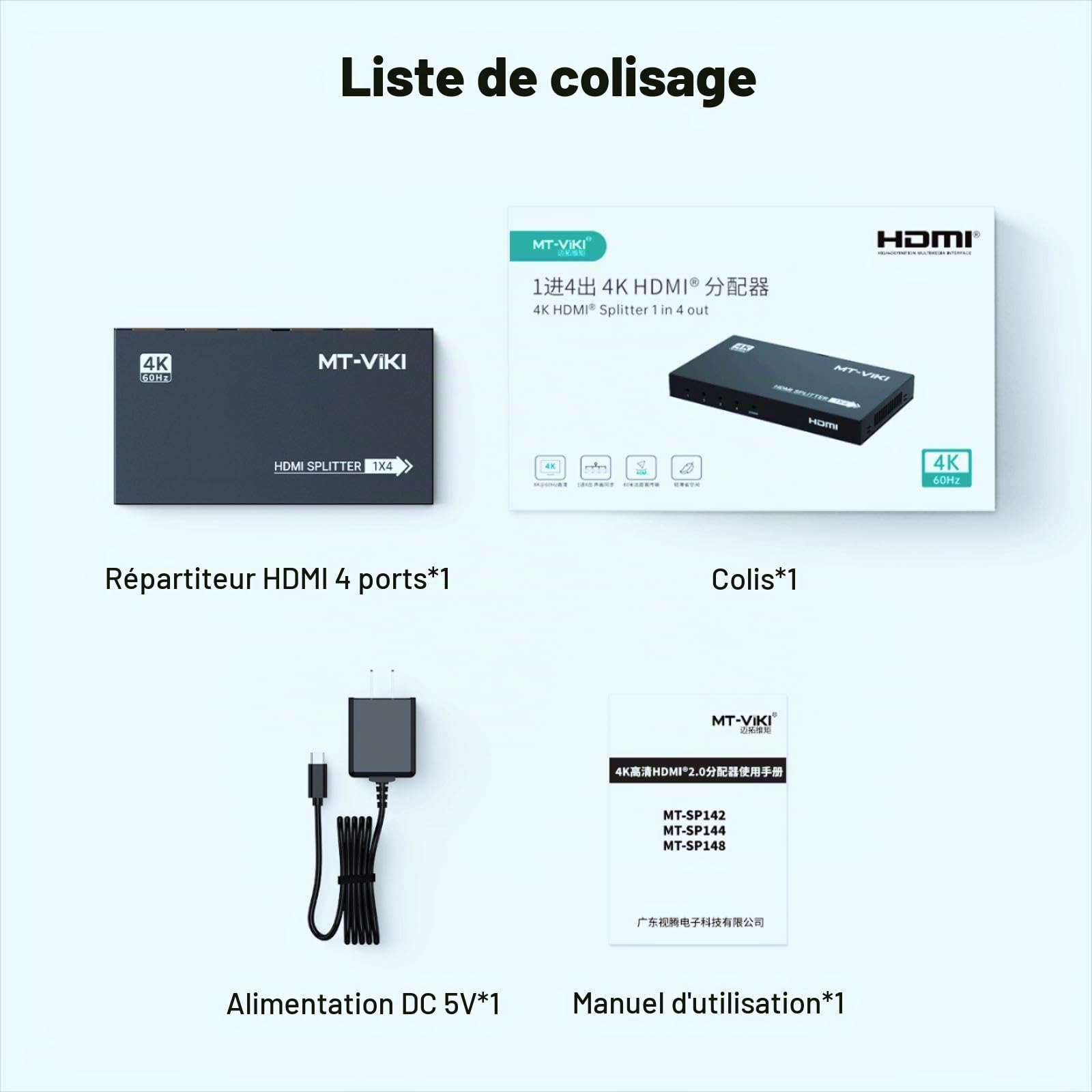 MT-VIKI 4K60Hz HDMI Splitter 1 in 4 Out simultané Distributeur HDMI 4 moniteurs Mirror 1x4 EDID HDCP 2.2 4:4:4 40m Transmission Longue Distance