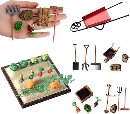 Miniatura 2 de gofidin Herramientas de agricultura en miniatura a escala 1:12, accesorios para muñecas, 13 piezas, pala, rastrillo, cortacésped, carrito de jardín,