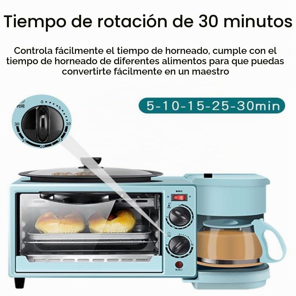 Estación for hacer desayuno 3 en 1, máquina de desayuno multifunción con horno eléctrico tostador de 9 litros, cafetera de 600 ml, sartén antiadherente, sandwichera de huevo, control de temperatura (