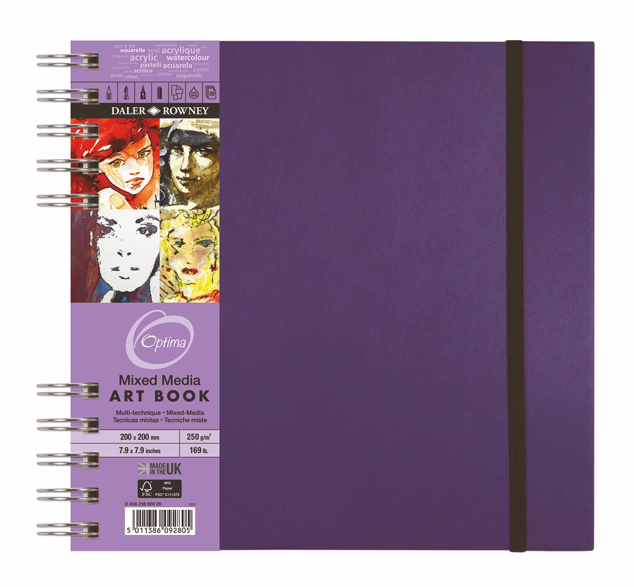 Daler-Rowney Optima Mixed Media Artbook, Lightly Textured, 250 gsm, 169lb, Spiral Bound, Hardback, Portrait, Elastic Closure, 20 x 20 cm, Amethyst Cover, 30 Sheets