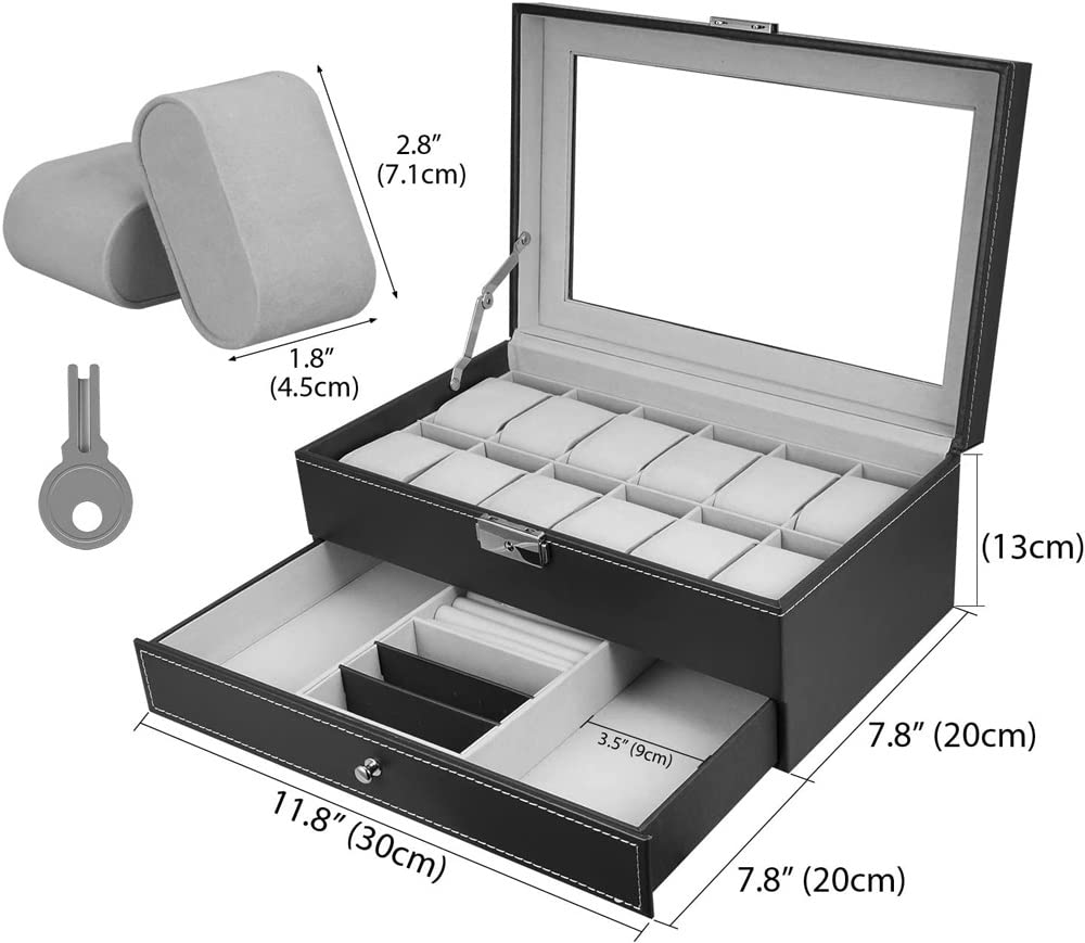 QTYQWC Aufbewahrungsbox für Uhren mit 12 Fächern, Leder, abschließbar, für Damen und Herren, Schmuck-Schublade, 2 Böden, Organizer für Uhren (D 1 Stück)