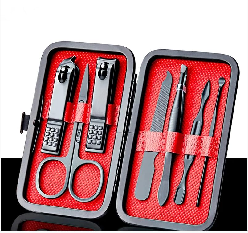 LOBOY Kit Cortador De Unha Em Aço Inoxidável Portátil 7 Peças Preto ou Vermelho