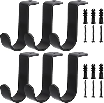 Curtain Rod Brackets for Ceiling-Mounted, Drapery Rod Holder for 1" Diameter Rod, Set of 6, Black