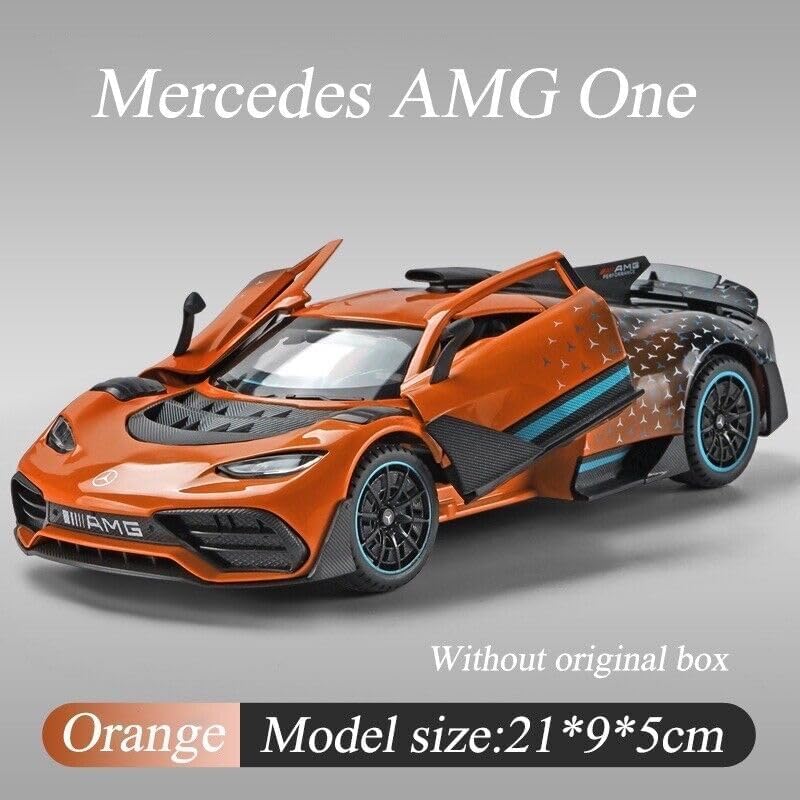 Image of 1:24 AMG ONE Diecast Metal Car Pull Back Alloy Model Toy with Openable Doors Lights & Sound Realistic Collectible Supercar Gift for Kids Boys & Car Enthusiasts (Orange)