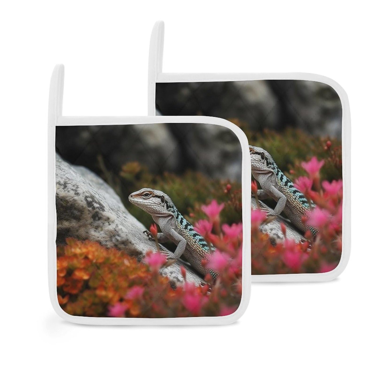Pot Holders Set of 2 Kitchen Heat Resistant Potholders Lizard in The Garden Cotton Lining Oven Hot Pads for Cooking Baking BBQ Microwave Kitchen Accessories