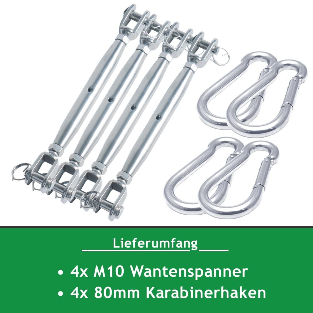 Sonnensegel Befestigungset aus V4A Edelstahl | Set aus M10 Wantenspanner & 80mm Karabiner | Robuste Befestigung für Sonnensegel, Abdeckplane, Drahtseil oder Tarp (4 Paar)