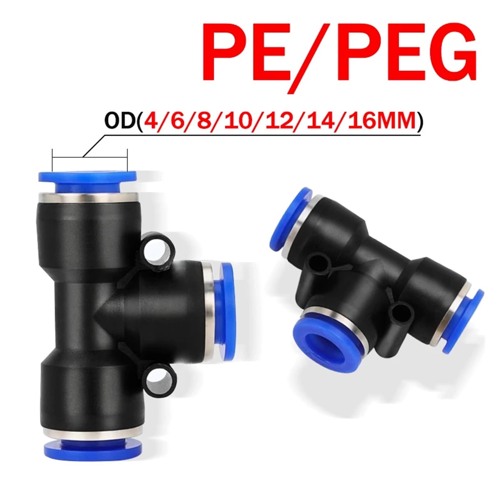 TaoHHU Conectores rápidos for manguera de aire, conectores de plástico PE, PEG, 4 mm, 6 mm, 8 mm, 10 mm y 12 mm, for insertar en el enchufe, 20/50 unidades(PE-10,100 PCS)