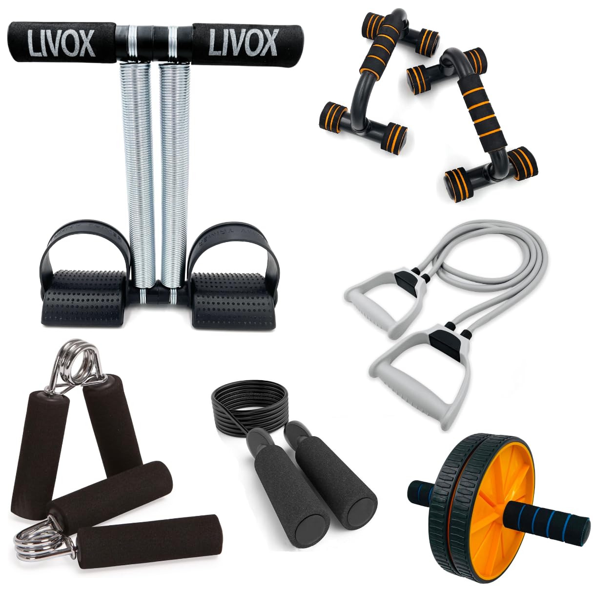LIVOX Gym Equipment Combo Set for Home Workout Men Women Full Body Excercise Equipment Kit – Tummy Trimmer, Resistance Band, Pushup Stand, Ab Wheel Roller, 2 Hand Gripper, and Skipping Rope