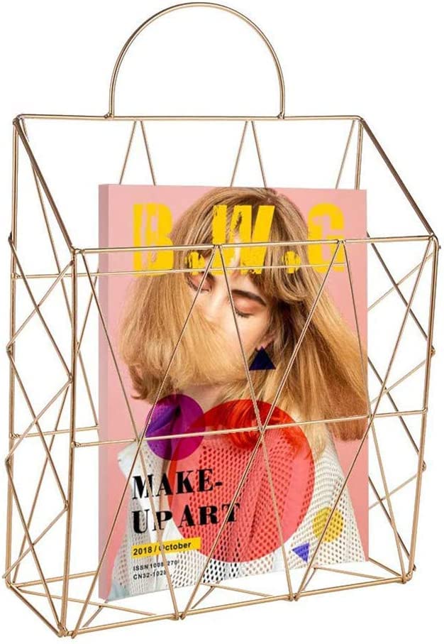MOREYAJI Magazine Rack Newspapers File Holder, Wall-mounted Mesh Metal Desk Bookshelf, for Office School Living Room Bedroom Bathroom Desk Décor (Gold)
