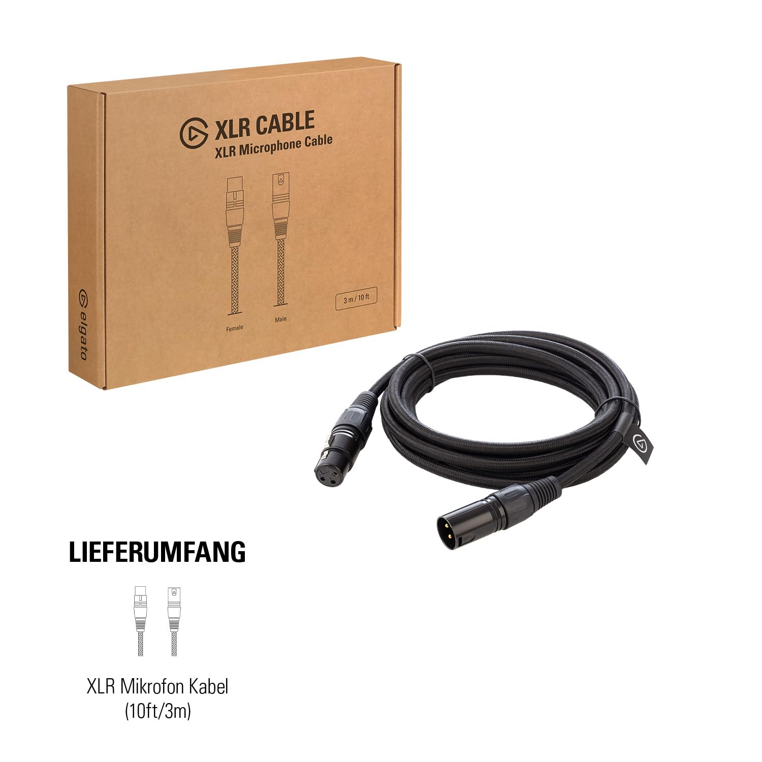 Elgato XLR Cable – Geschirmtes Mikrofonkabel für Studioaufnahme und Liveproduktion, vergoldete Kontakte, Stecker auf Buchse, für Mikrofonpegel und symmetrischen analogen Line-Pegel, 3 m