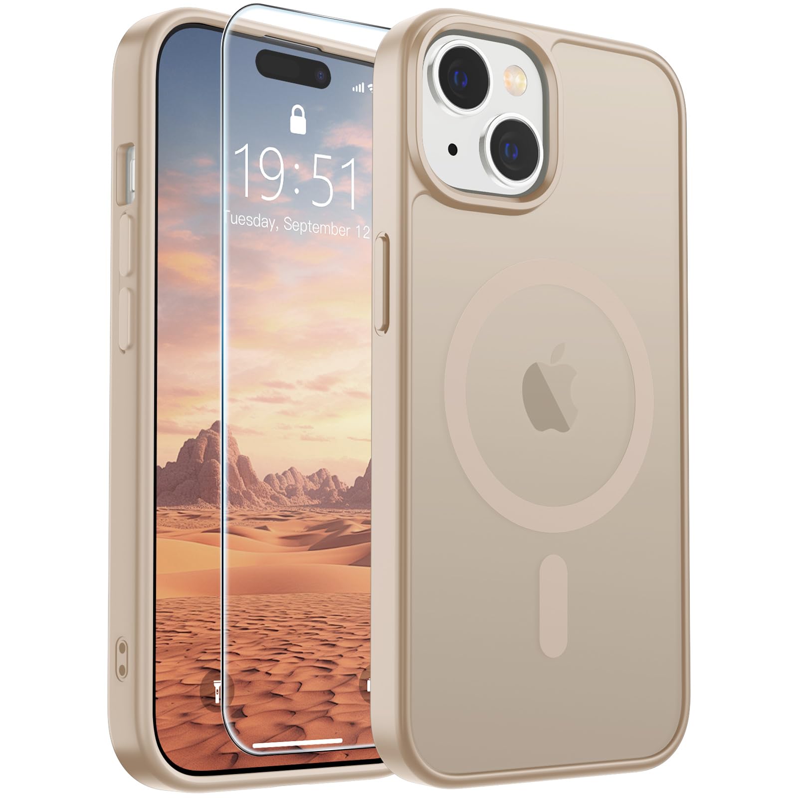 SUPFINE Magnetic for iPhone 15 Case Desert Gold | With Screen Protector, Translucent Matte, Compatible with MagSafe, Military Grade Drop Proof, Rugged Shockproof Protective