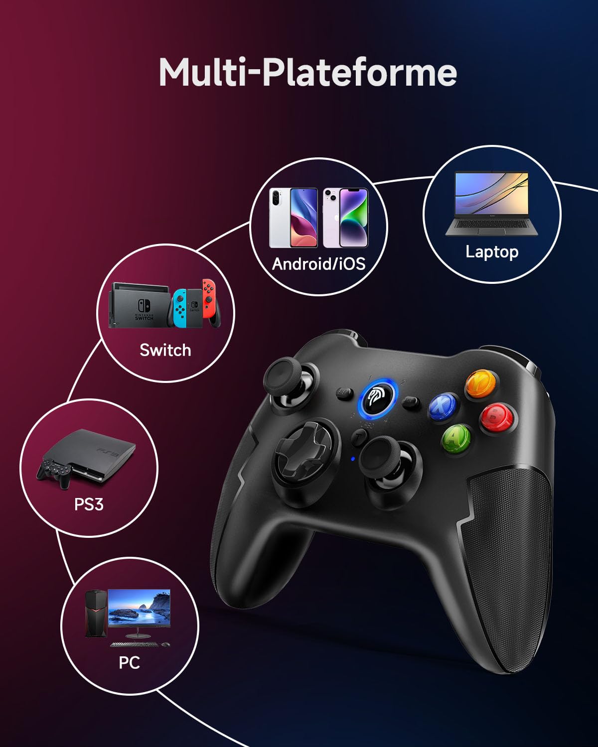 EasySMX 9013PRO Manettes PC PS3 sans Fil Rechargeable, Manette Switch Pro Bluetooth, Manette PC pour Téléphones Android iOS iPhone iPad, Noir Rouge
