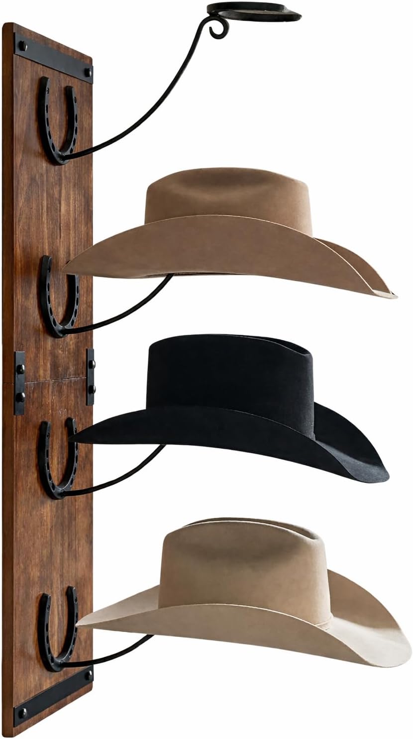 Cowboy Hat Rack For Wall Mount (34.6” x 10.1” x 13.5”) | Wood Cowboy Hat Holder | Hanging Western Hat Rack w/Metal Accents | Customizable Hat Organizer w/Handmade Horseshoe Mounts