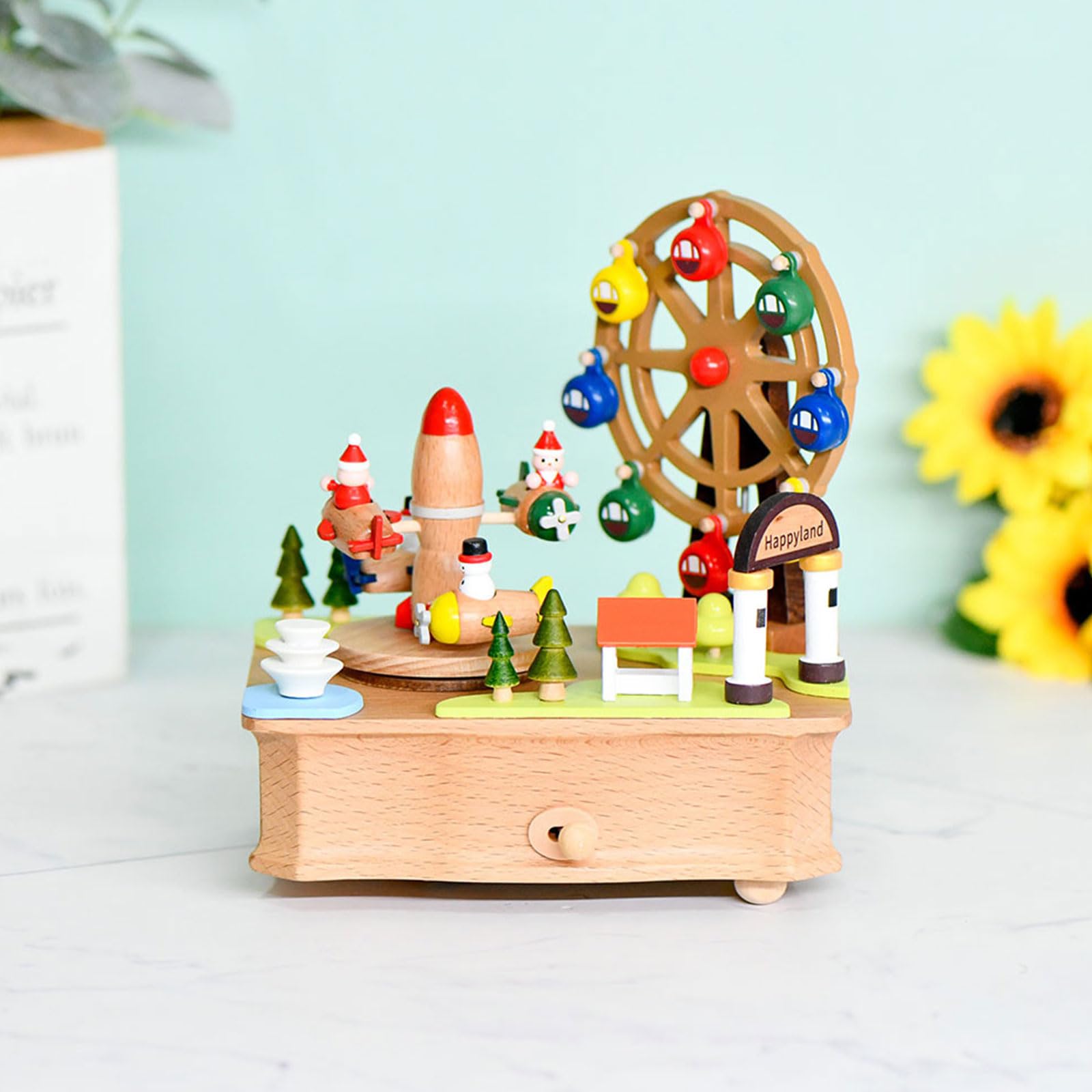 Aerei rotanti e ruota Music Box Decors Legno Ornamento Meccanico Per Casa Ufficio Con Melodie Ruota Panoramica Ornamento In Legno