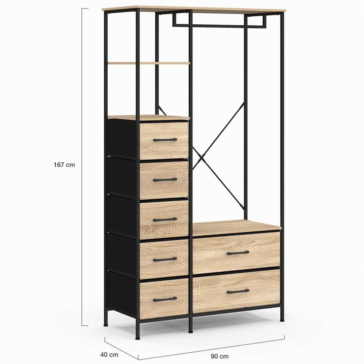 IDMarket - Armario de vestidor + columna B. 90 cm UTAH con 2 estantes y 7 contenedores de tela en madera y negro