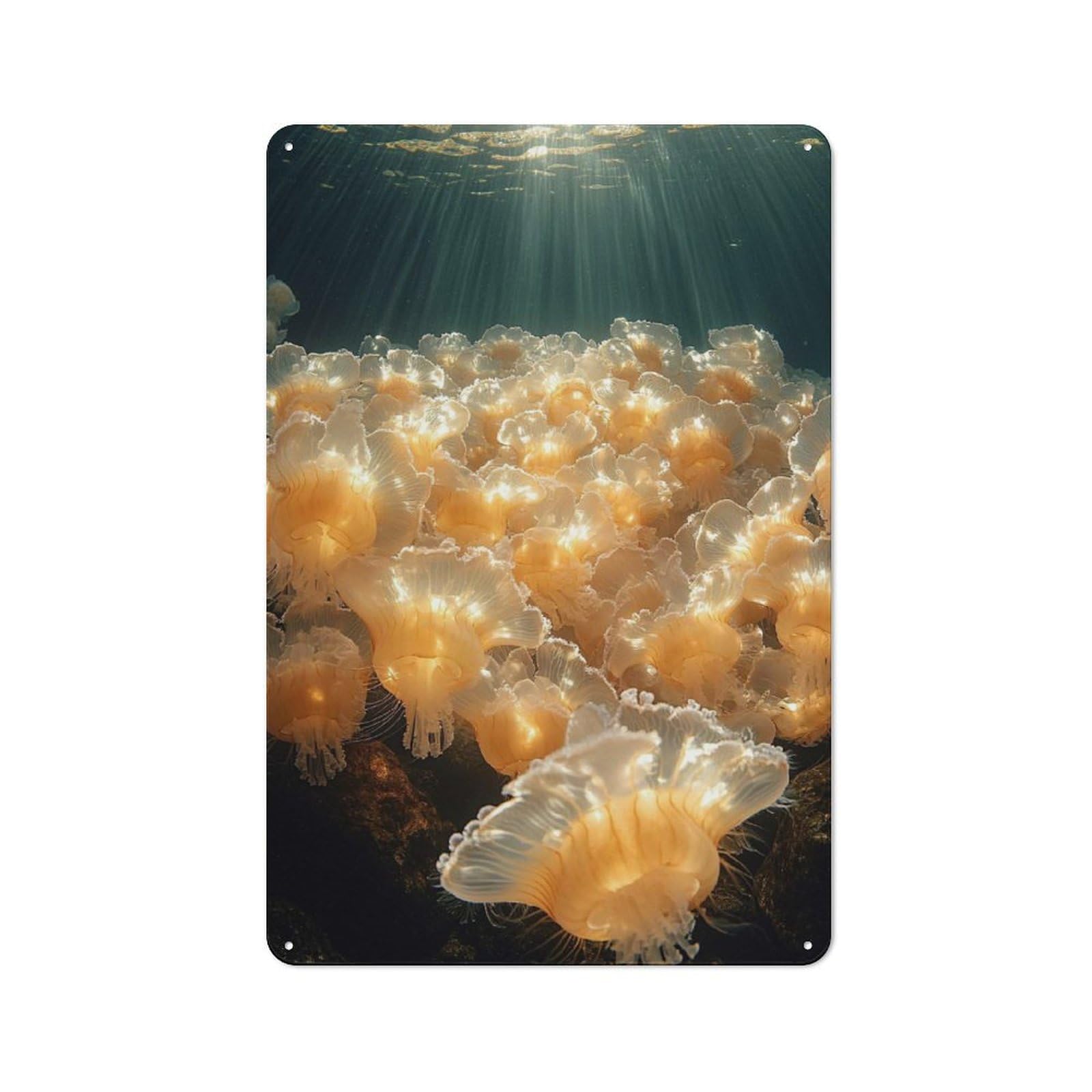 Underwater Jellyfish Bloom with Sun Rays Metal Wall Art Sign 30x20cm, Retro Vintage Wall Decor for Kitchen, Hallway, Bar Or Small Cafe