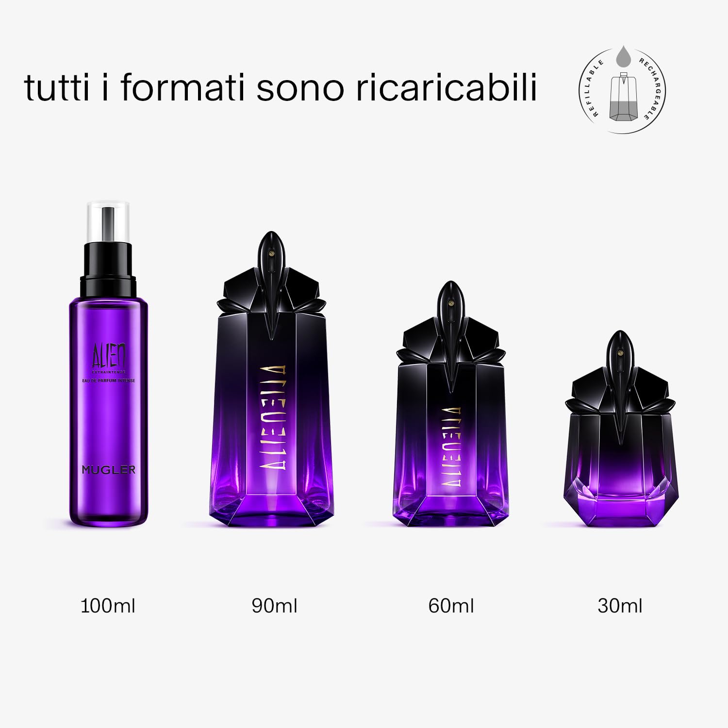 MUGLER Alien Extraintense, Eau de Parfum, Profumo da Donna, Fragranza Gourmand Floreale Legnosa e Pregiata, Audace e Sensuale, Dal Tocco Drammatico, Ricaricabile, 30 ml