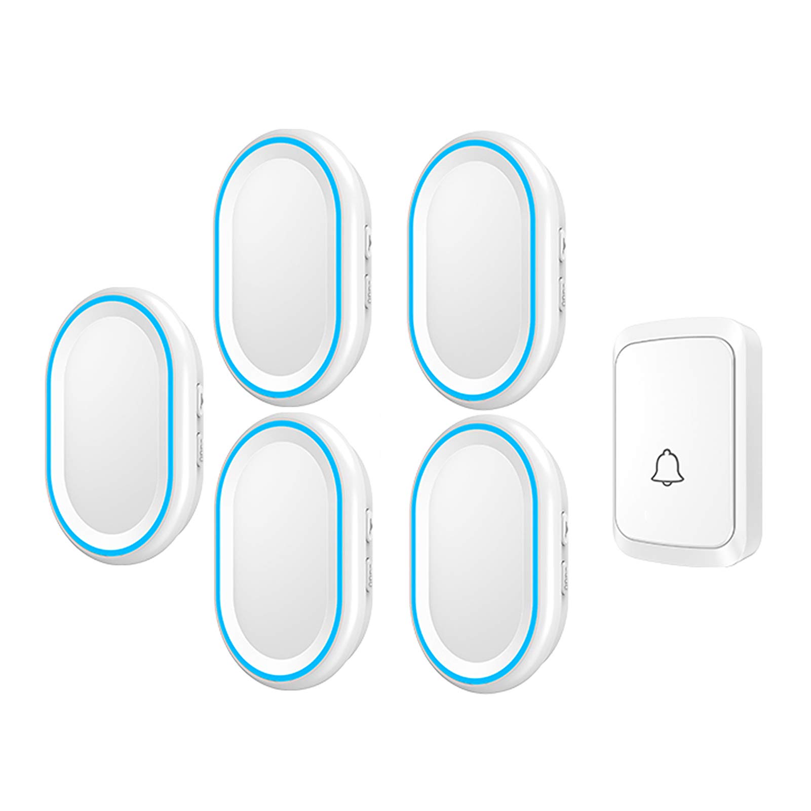 Timbre Inalámbrico, Resistente Al Agua Ip44, con Alcance De 304 M, 58 Timbres, 4 Niveles De Volumen Y Luz Azul, 1 Pulsador Y 5 Receptores Enchufables, Blanco.