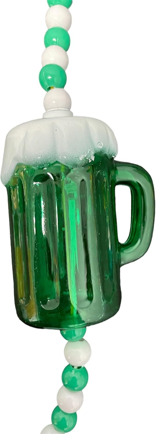 Vibrant Green and White Beaded Necklace with Flashing Green Beer Mug Charms! 5 necklace BUNDLE