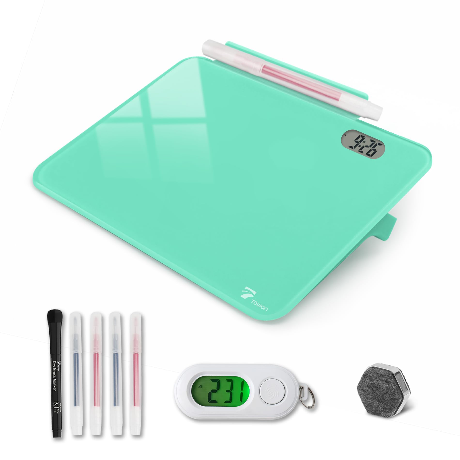 Small Glass Desk Whiteboard Dry-Erase Board with Clock, Small Travel Clock Keychain with Desk Notepad, Time Table Whiteboard for Desk Digital LED Light Display, 8x6 in with Accessories, Turquoise