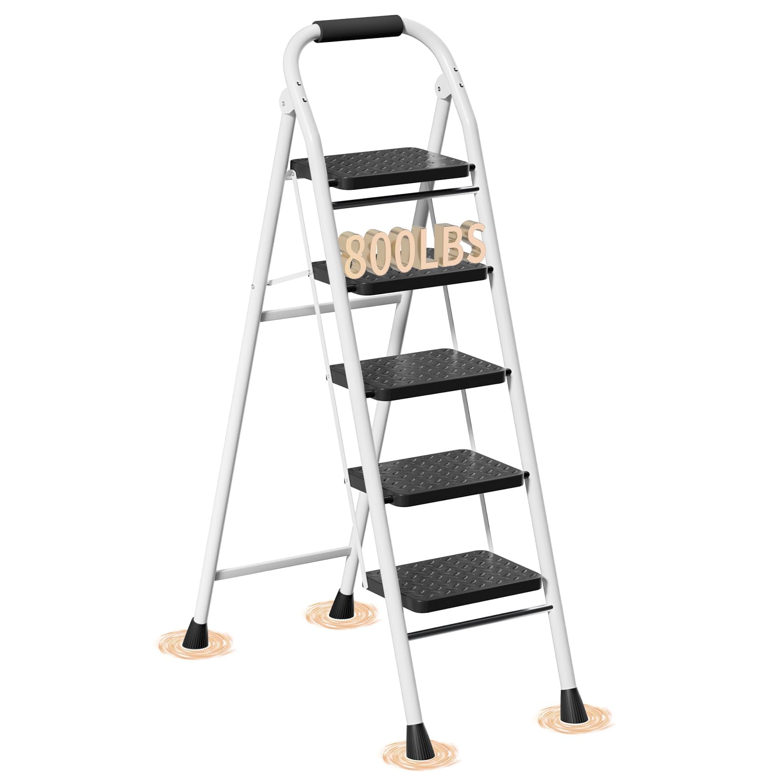 5 Step Ladder, Foldable Step Stool with Wide Anti-Slip Pedal & Thick Rubber Feet, Cushioned Handle, Safe-Lock Design, Folding Portable Ladder for Multi-Purpose, 800lb, White
