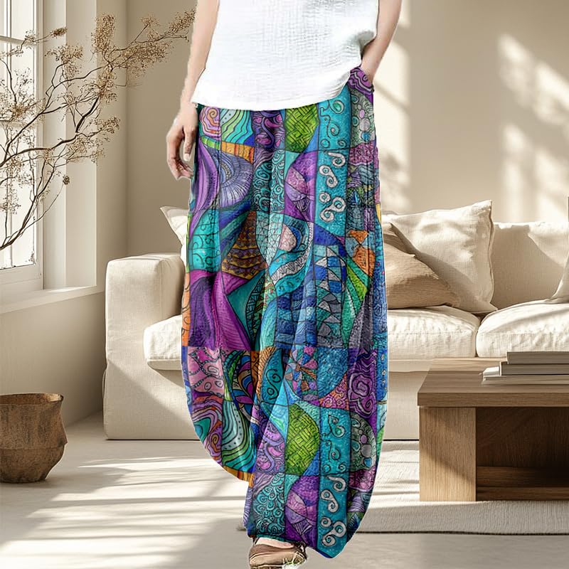 Women's Multicolor Mid-Calf Length Patchwork Style Harem Pants, Casual, Spring/Summer