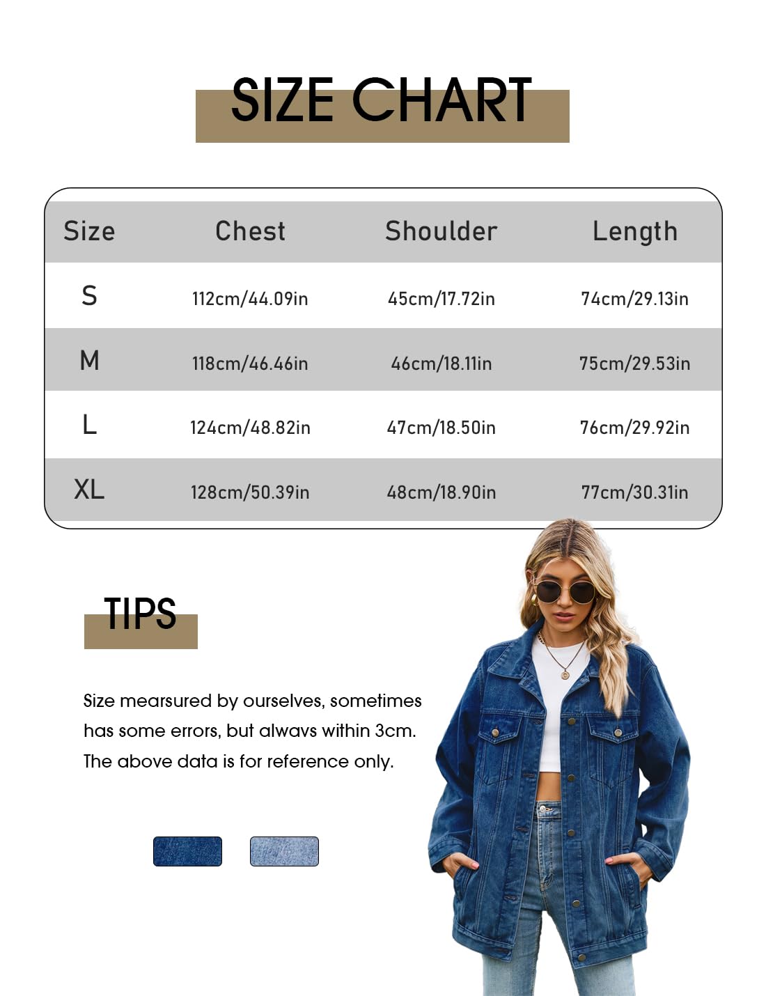 Sukany Chaqueta vaquera casual para mujer, de gran tamaño, con botones, cuello vuelto, holgada, manga larga, abrigo largo medio