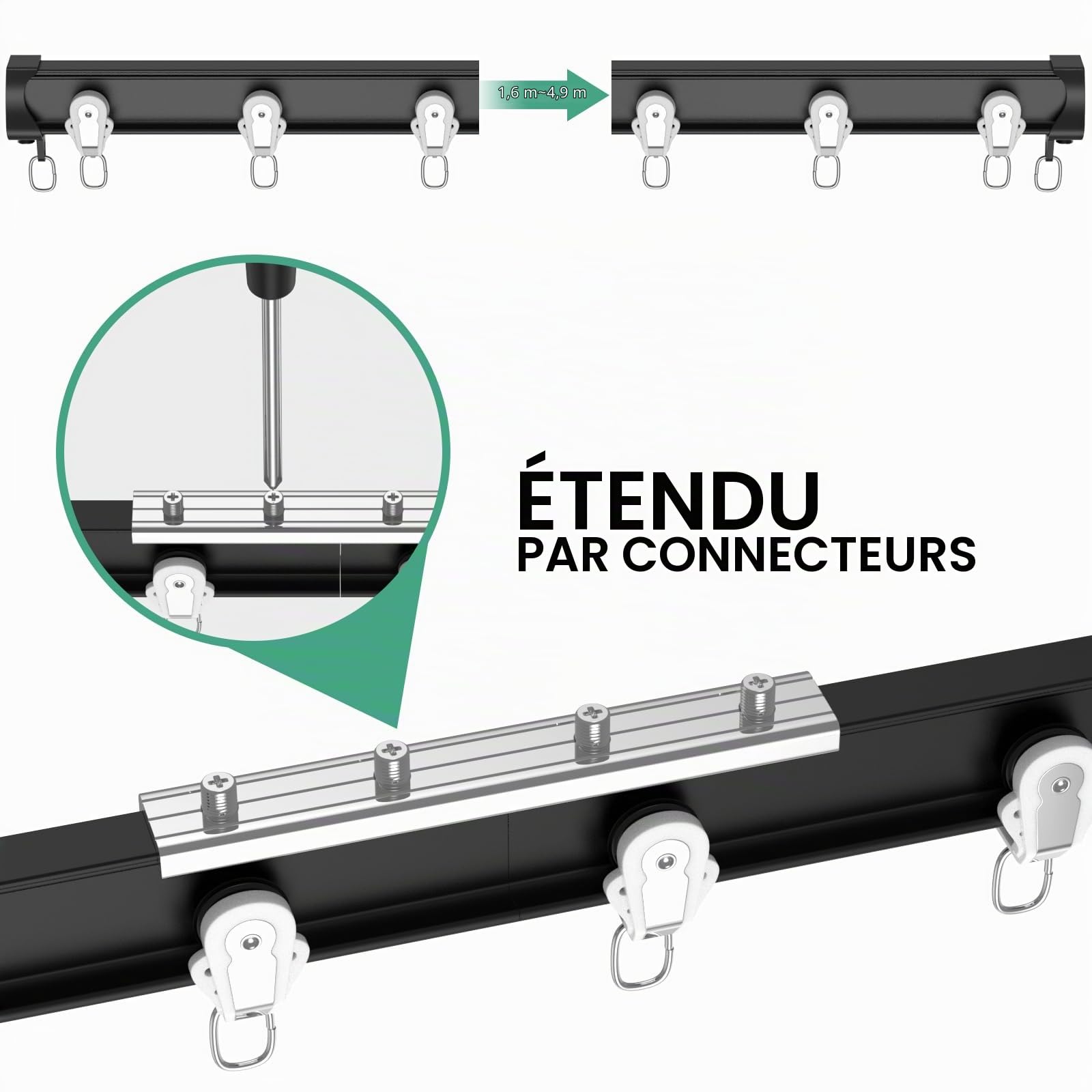 Tringle à rideaux flexible et pliable en aluminium – Montage au plafond ou au mur (406,4 cm / 4 m) – Rail à rideaux robuste – Noir