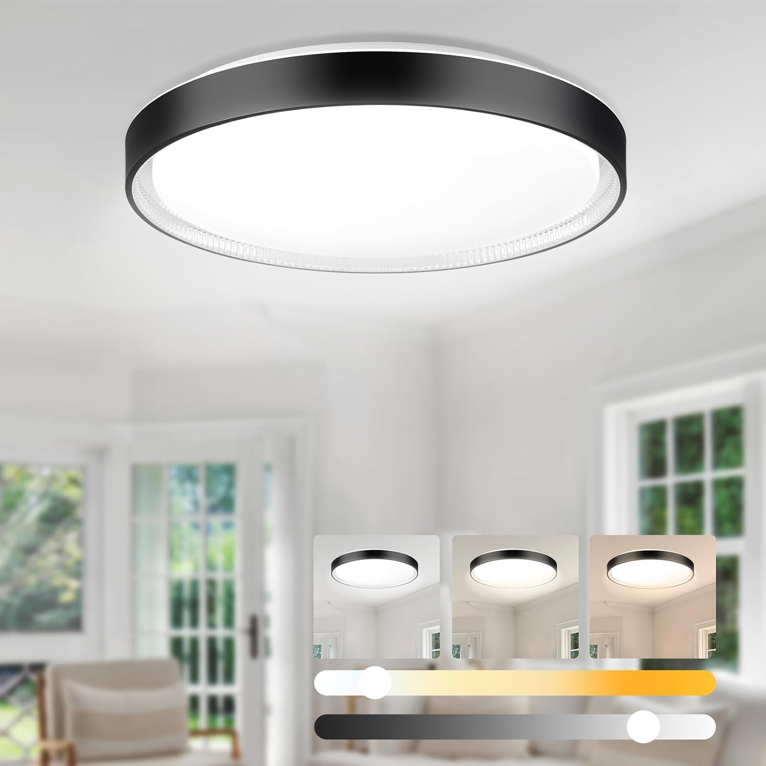 DLLT Flush Mount Ceiling Light: Close to Ceiling Light Fixtures 16 Inch 35W - Dimmable Ceiling Lamp 3000-6000K 5 Color Selectable Ceiling Mount Light for Bedroom Kitchen (Black)
