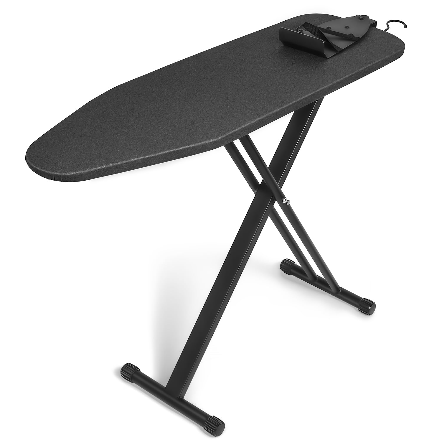 Duwee Bügelbrett mit Drehbarer Bügeleisenhalter, Stabiles Gestell, 109x33cm | Schwarzes Bügelbrett mit Hitzebeständigem Bezug und 10 mm Dicker Filzauflage, Bügelbretter mit 7 Verstellbaren Höhen