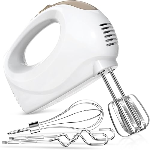 Mezclador de mano Mezclador de cocina portátil de 5 velocidades de mano eléctrico con 5 accesorios de acero inoxidable, batidor de alimentos, marfil