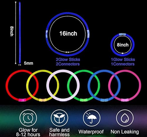 Miniatura 2 de 150 varillas azules brillantes con conectores a granel de 8 pulgadas, pulseras y collares que brillan en la oscuridad, suministros de fiesta de neón