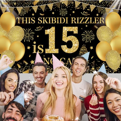 Image of Black Gold This Skibidi Rizzler is 15 No Cap Happy Birthday Backdrop Banner Photography Background Decorations for 15th Year Boys Girls Bday Party Accessories Supplies 72.8 * 43.3in