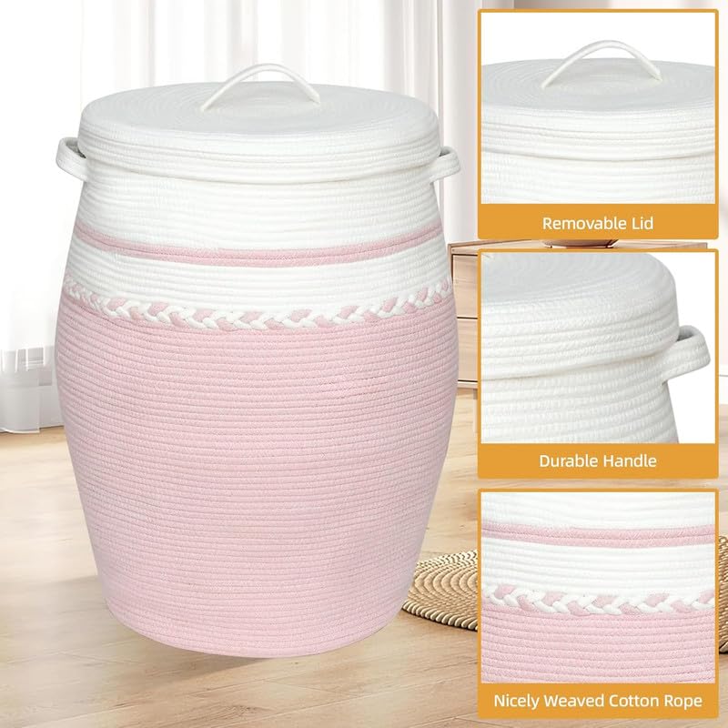 Image of Storage Cotton Rope Basket and Laundry Hamper for Dirty Clothes, Towels, Blankets, Pillows Storage in Living Room, Laundry Room and Bedroom (Pink White Zig Zag With Lid, 14x18 Inch)