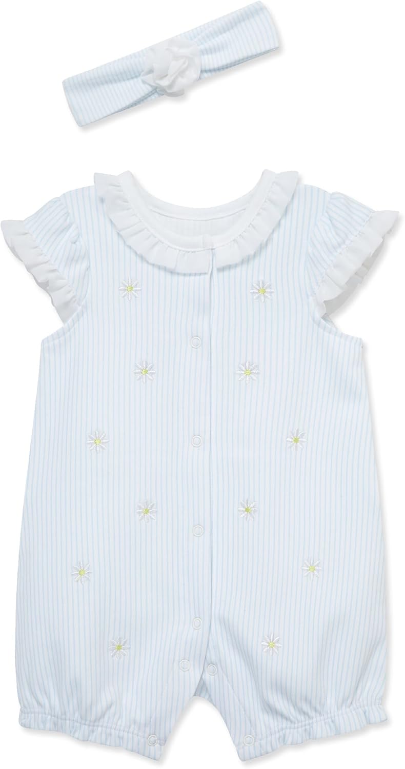 Little Me Clothes for Baby Girls' 100% Cotton Romper and Headband Set, 3-12 Months