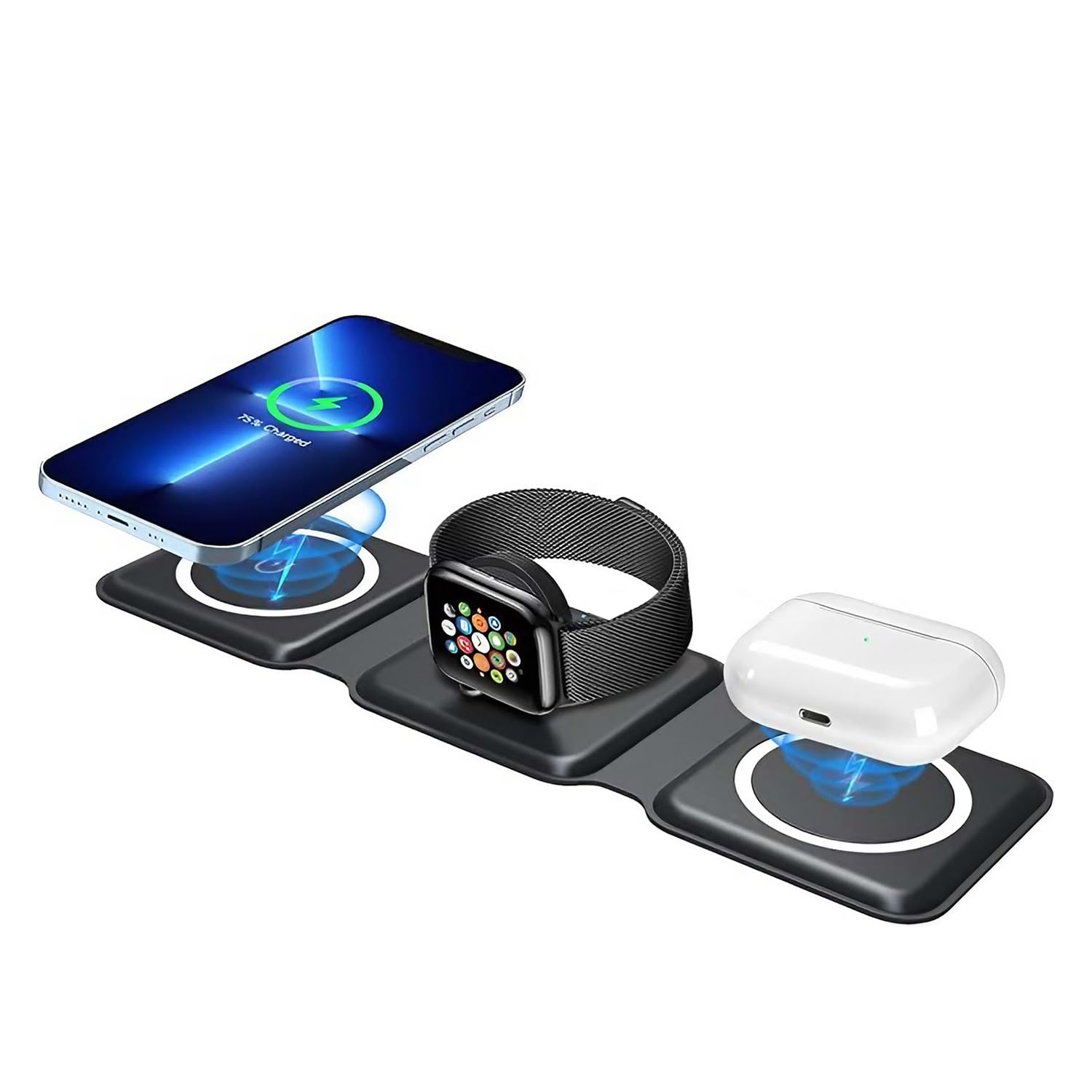 3 in 1 Magnetic Foldable Mag-Safe Wireless Charger Compatible with iPhone 16 to 12 Series | Compatible with only All iWatch Series | Air Pods 2, 3, Pro | 23W Charging | Wireless Charger – Black
