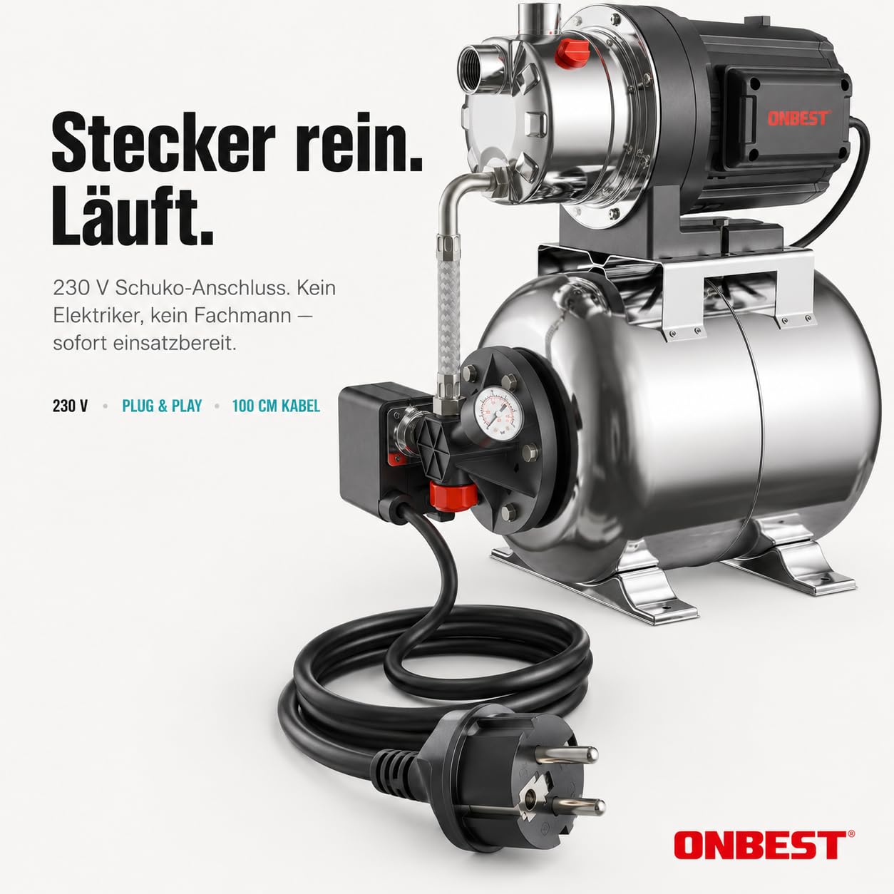 ONBEST Hauswasserwerk 1300 W 50 m Förderhöhe 20 L Kessel | Edelstahldruckkessel, 230 V-Anschluss, wartungsfreier Motor, Pumpe für Garten und Haushalt