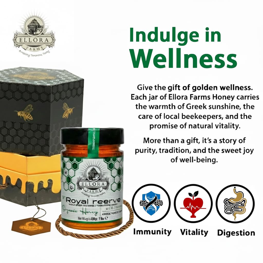 Ellora Farms Organic Honey, Wild Thyme Raw Honey, Greek Unfiltered, Preservative and Additive Free, Paris and Dubai Gold Awards Winner, Gift Pack with Dipper - 450 g